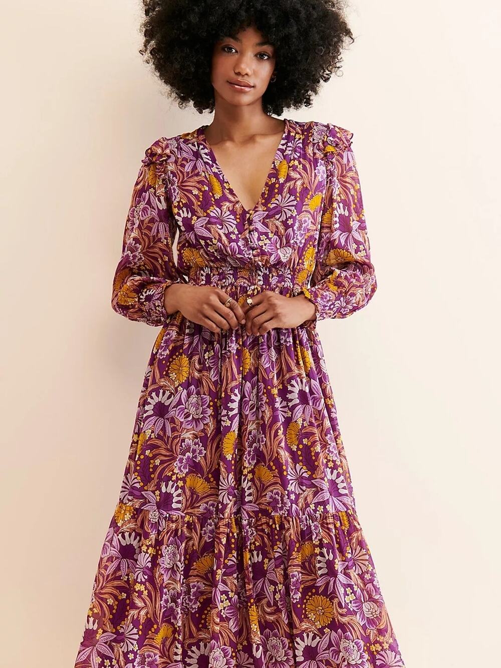 Banjanan Violet & Mustard Floral V-Neck Maxi Dress large